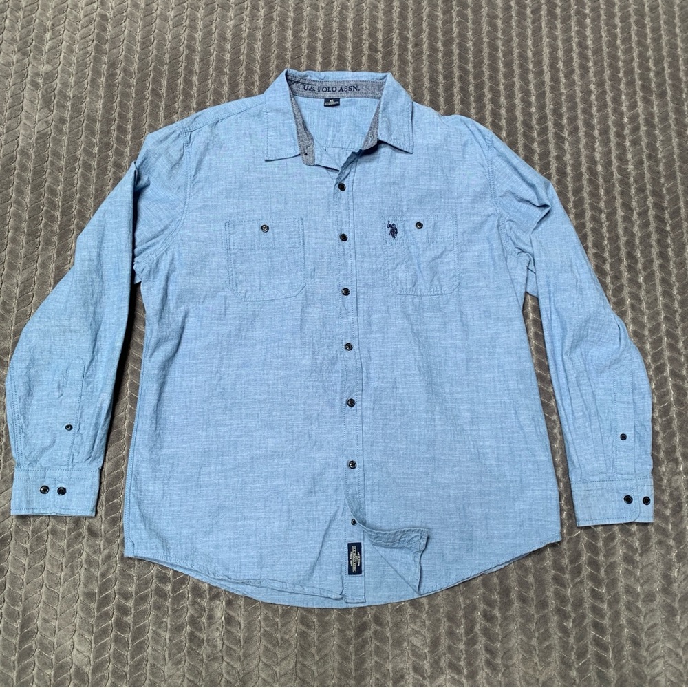 U.S. Polo Assn. Shirt Mens XL Indigo Blue Long Sleeve Button Down Chambray Logo